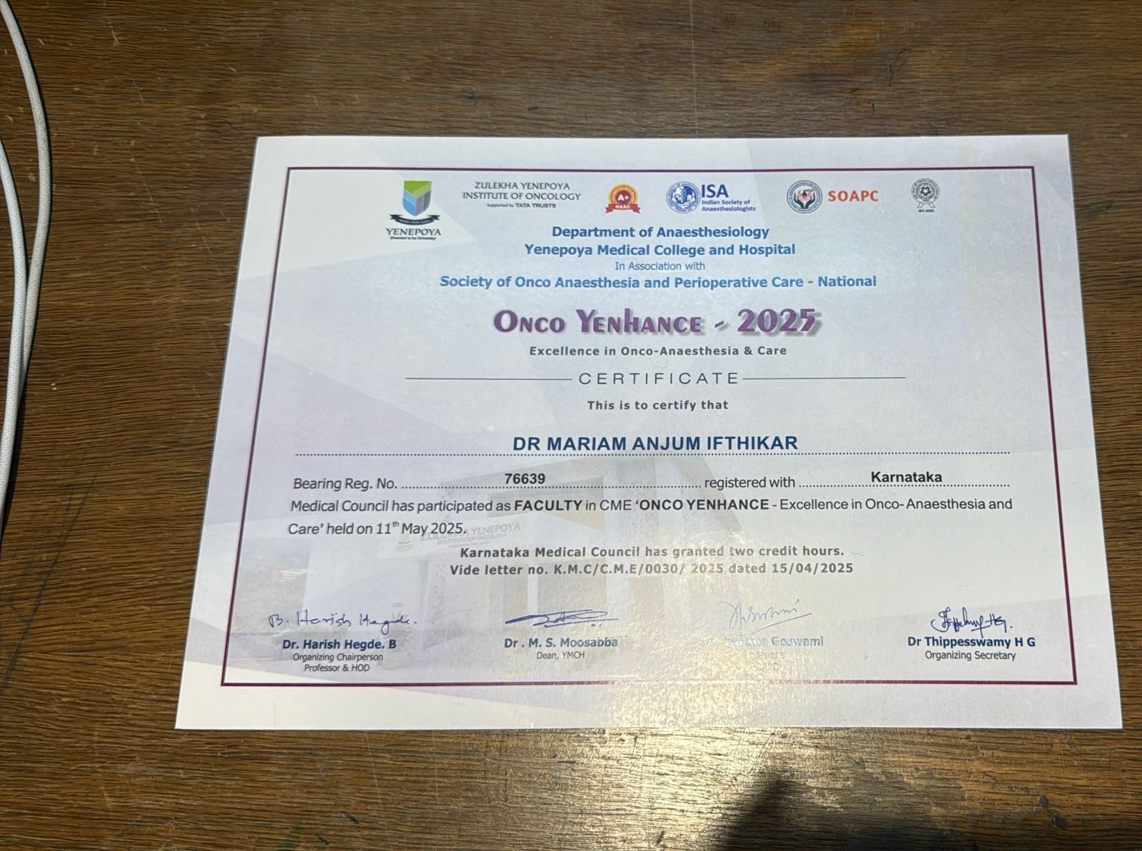 Dr. Mariam Anjum — Yenepoya — Certificate